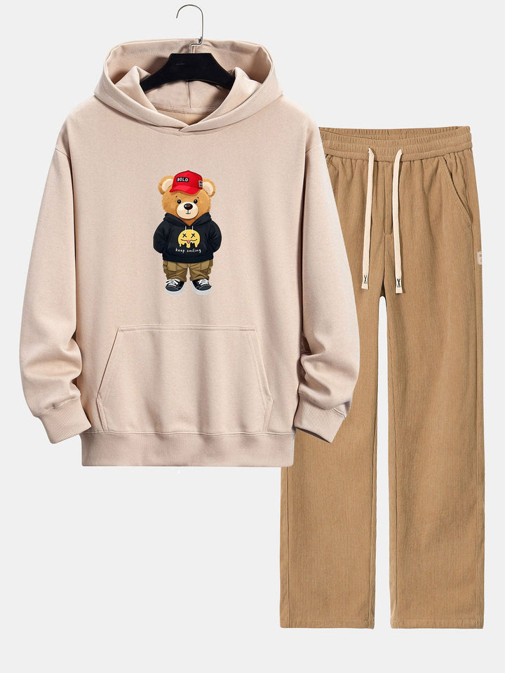 Hip Hop Beer Print Relax Fit Hoodie & Rechte Pijpen Corduroy Broek