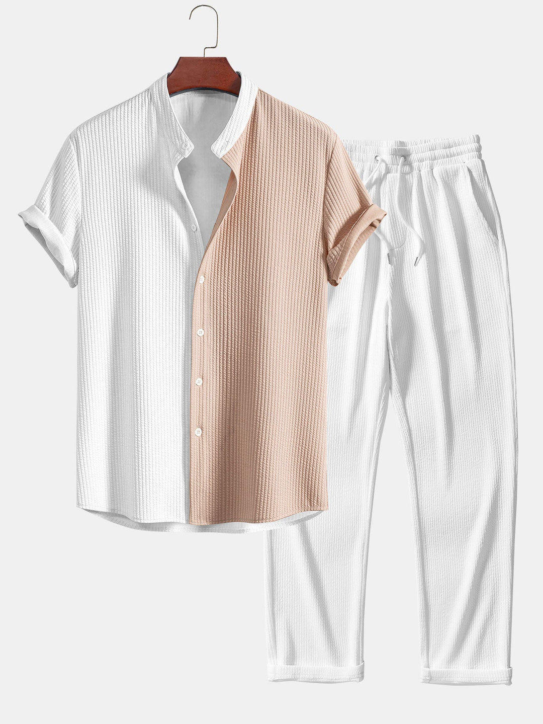 Twee Kleur Spier Fit Ribbel Stand Kraag Shirt & Rechte Pijp Ribbel Broek