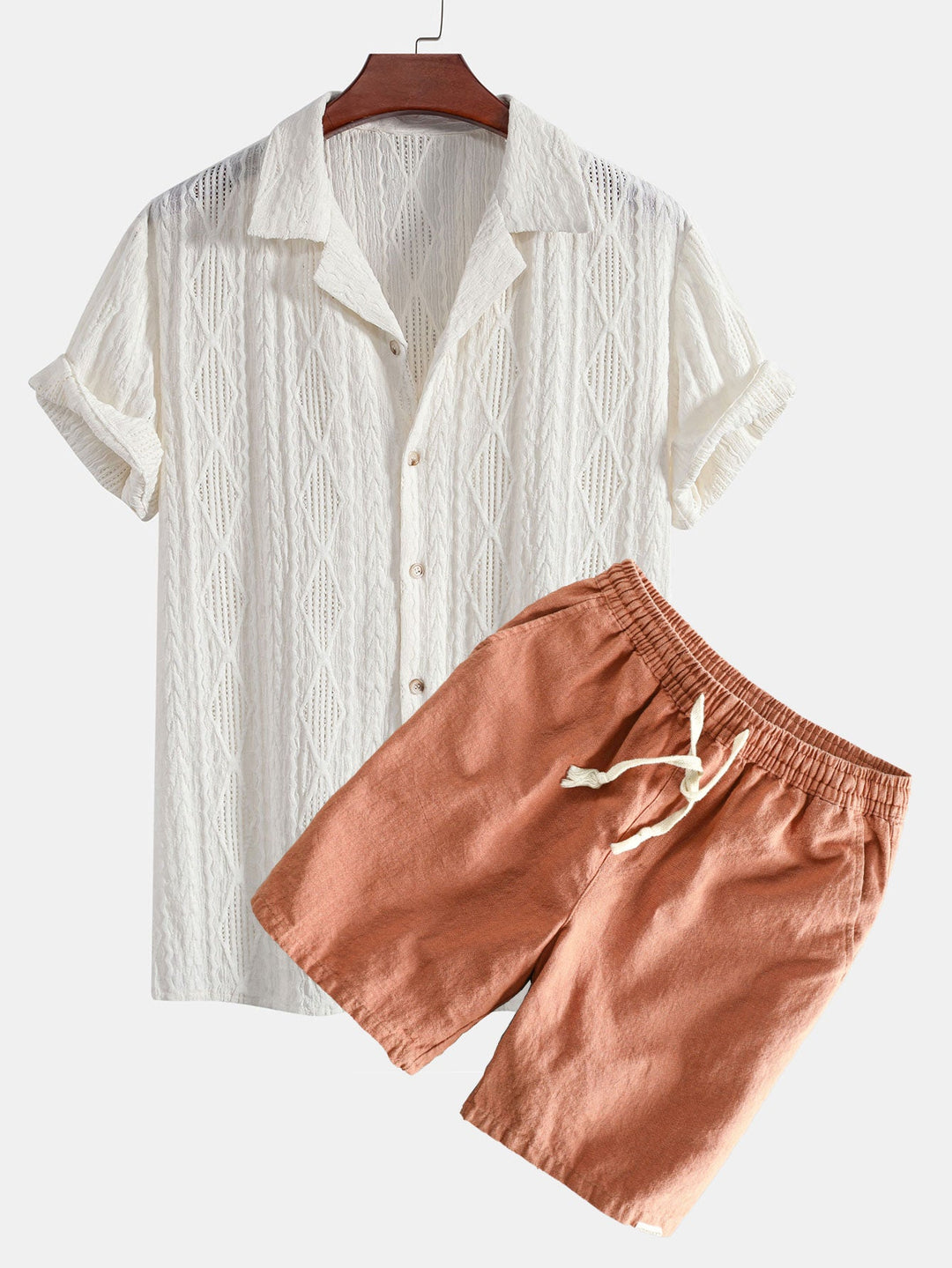 Geometrisch Jacquard Cubaanse Shirt & Linnen Katoen Mix Shorts