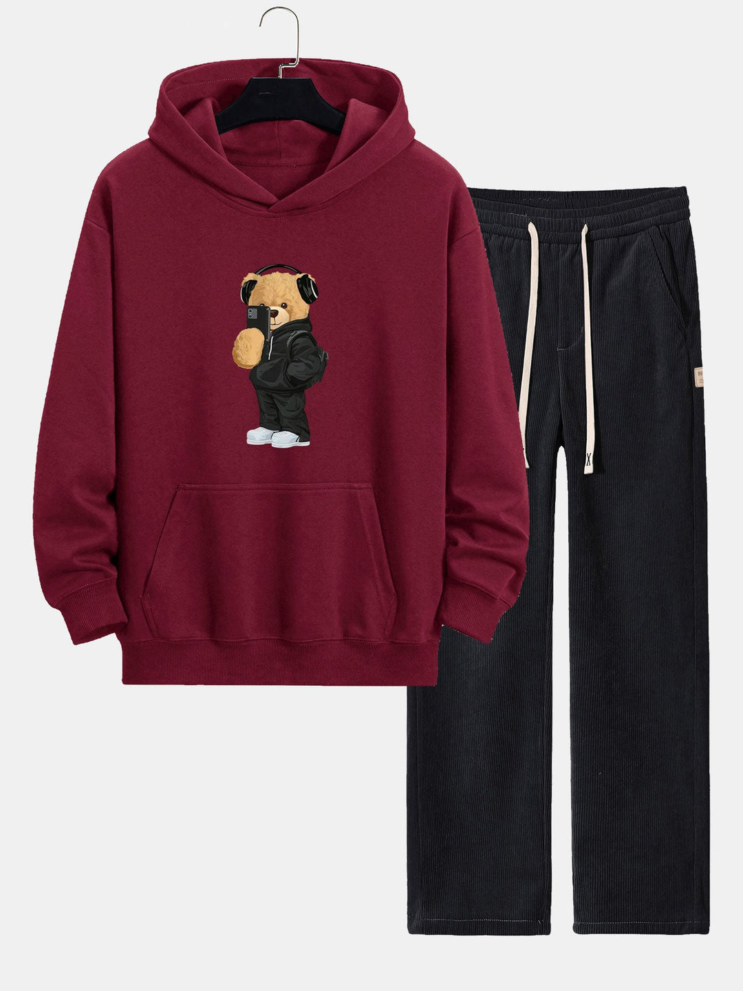 Fashion Bear Foto Print Relax Fit Hoodie & Rechte Pijpen Corduroy Broek