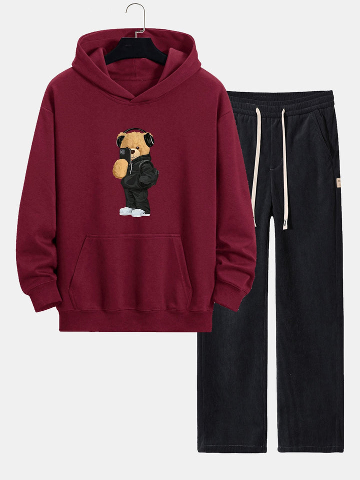 Fashion Bear Foto Print Relax Fit Hoodie & Rechte Pijpen Corduroy Broek