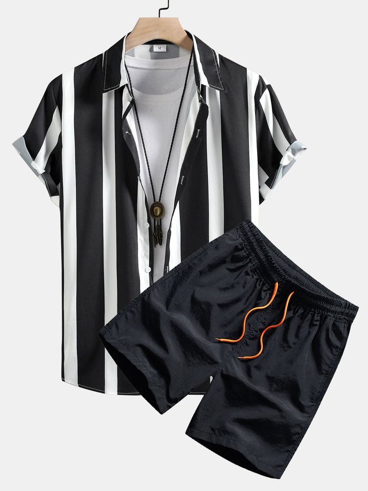 Striped Print Shirt with Buttons & Swim Shorts