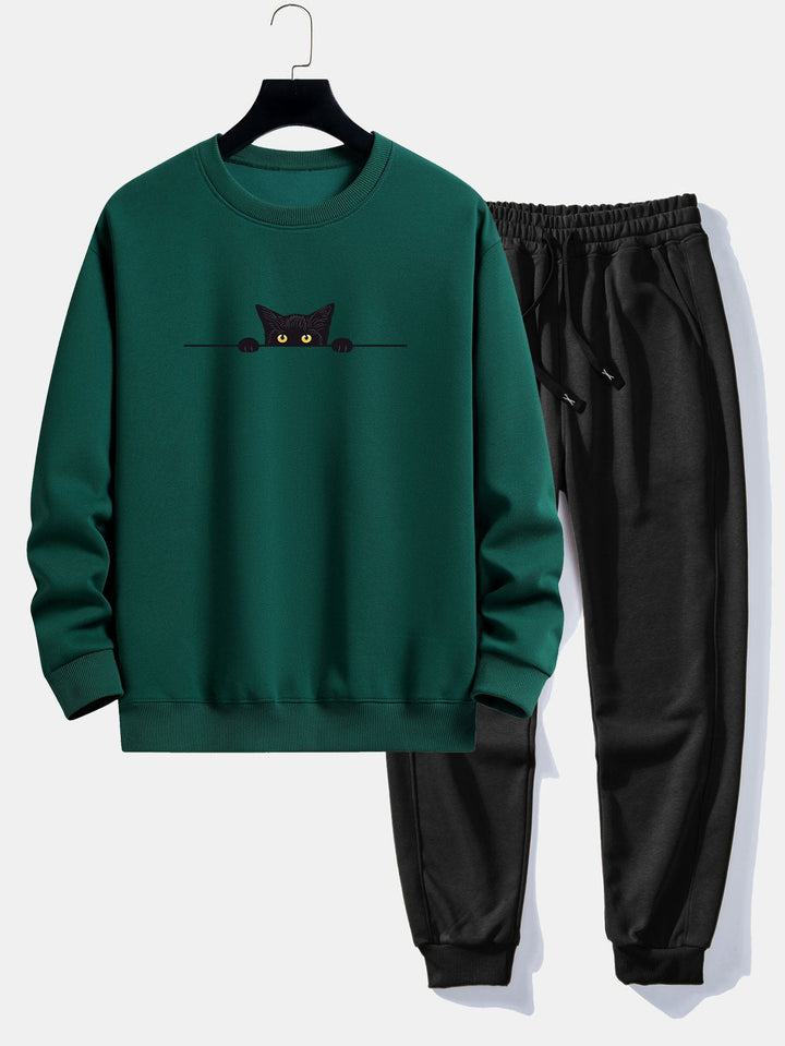 Zwarte Kat Print Relax Fit Sweatshirt & Joggingbroek