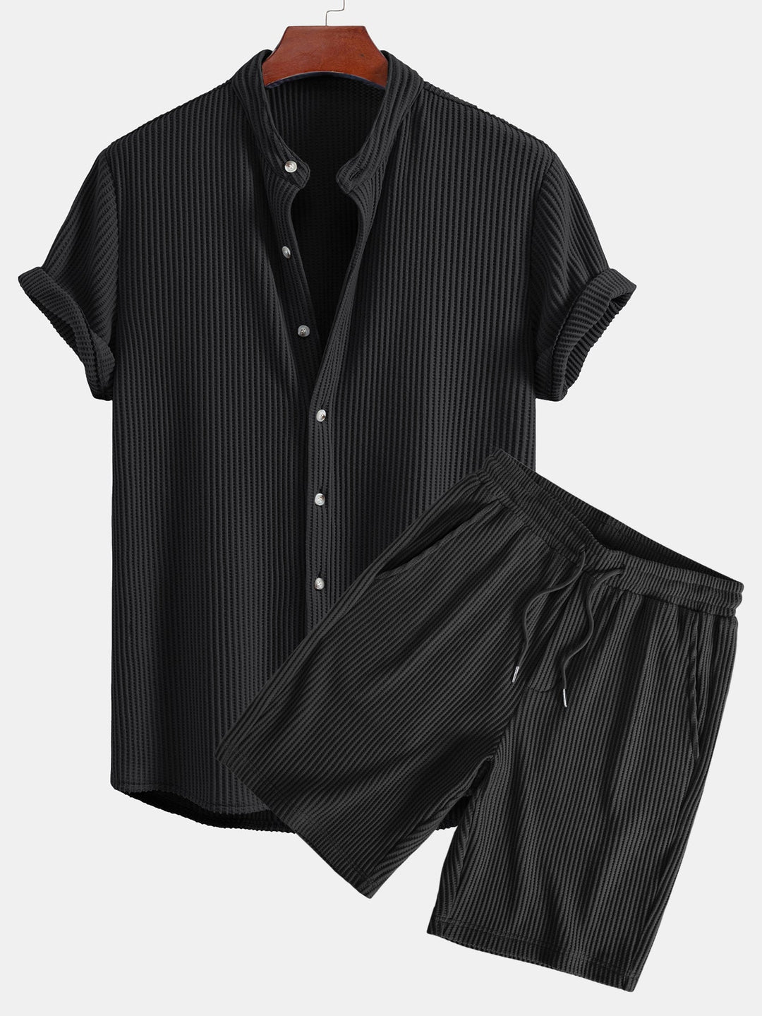 Wafel Stand Kraag Shirt & Trekkoord Wafel Shorts