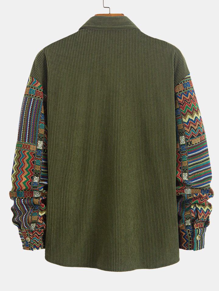 Relax Fit Etnische Geometrische Corduroy Patchwork Shirt # Willekeurig Patroon Ontwerp #