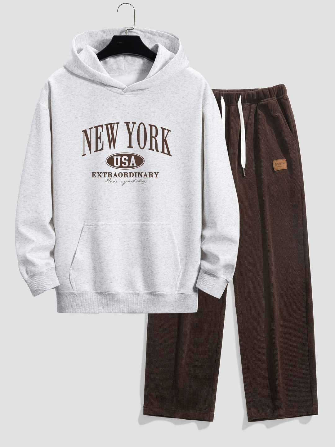 New York Print Relax Fit Hoodie & Rechte Pijpen Corduroy Broek