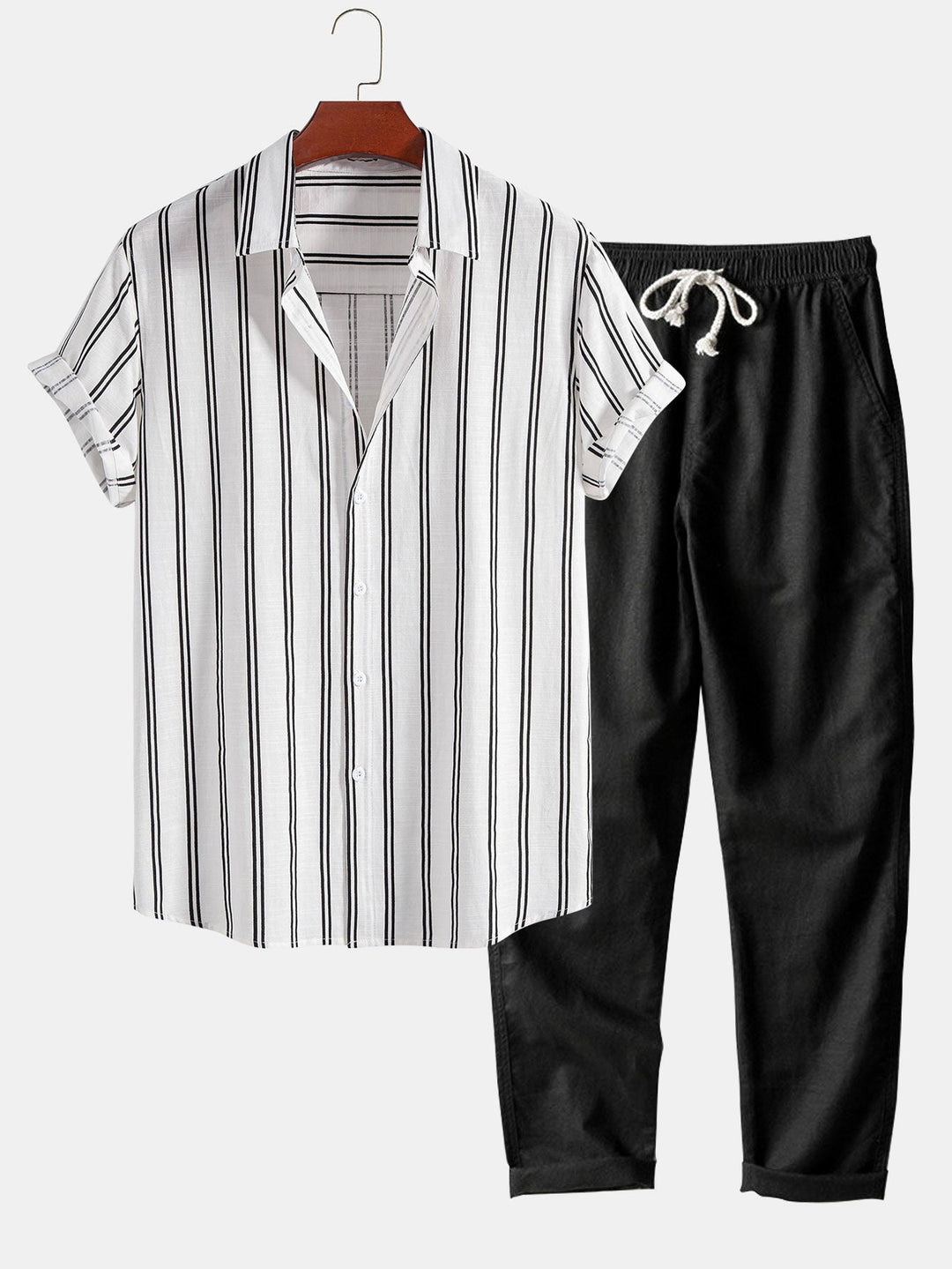 Linnen Look Gestreepte Overhemd met Knopen & Rechte Linnen Broek