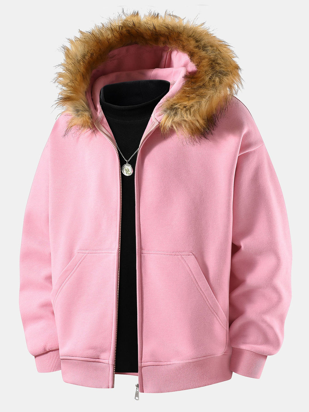 Relaxed faux fur collar zip-up hoodie