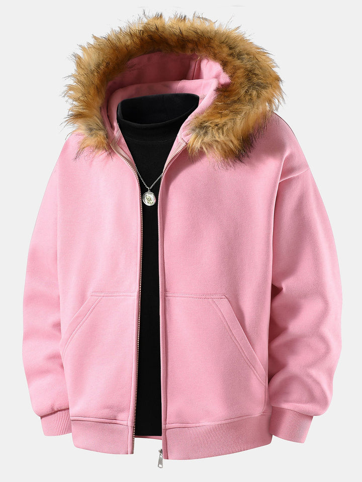 Relaxed faux fur collar zip-up hoodie
