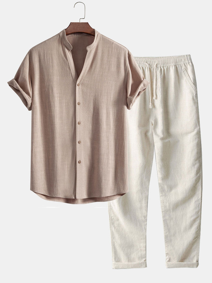 V-neck Linen Rayon Blend Shirt & Straight Leg Linen Pants