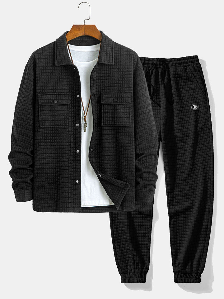 Gequilted Waffle Jacquard Overshirt & Trekkoord Waffle Joggingbroek