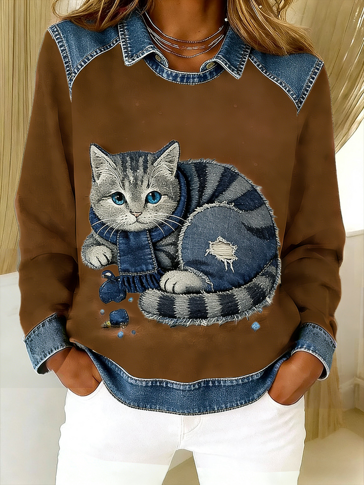 Lady l Retro Cat Denim Patchwork Sweatshirt