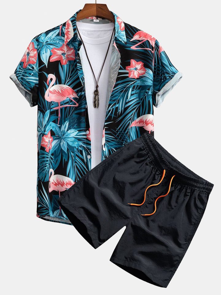 Flamingo Tropisch Print Knop-Up Shirt & Zwemshorts