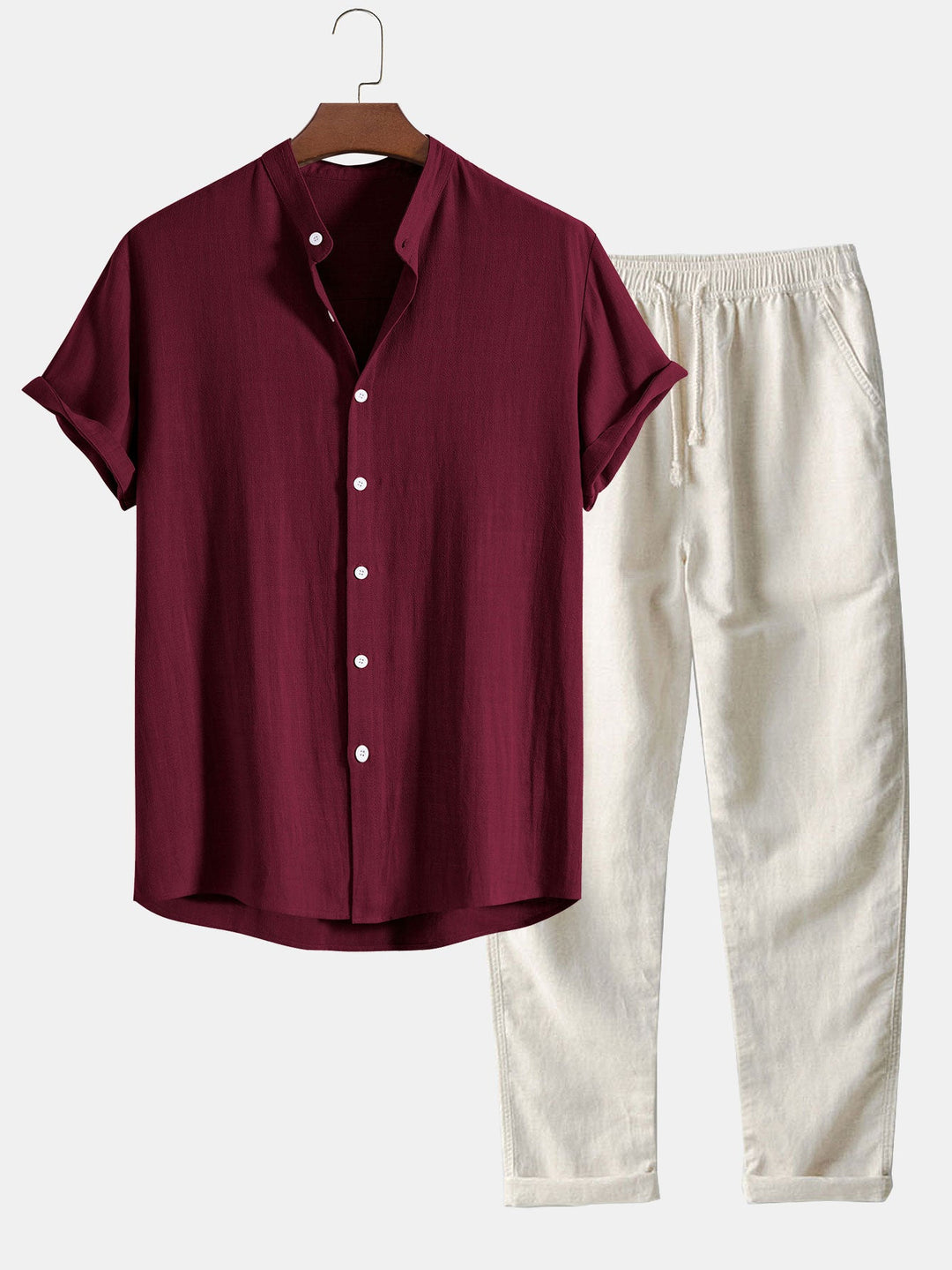 Linnen en Rayon Mix Staande Kraag Shirt & Rechte Pijpen Linnen Broek