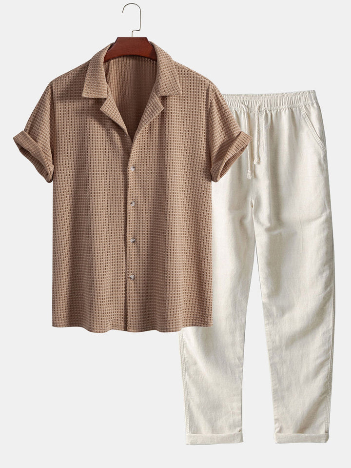 Korte Mouwen Wafel Cubaanse Shirt & Rechte Pijpen Linnen Broek
