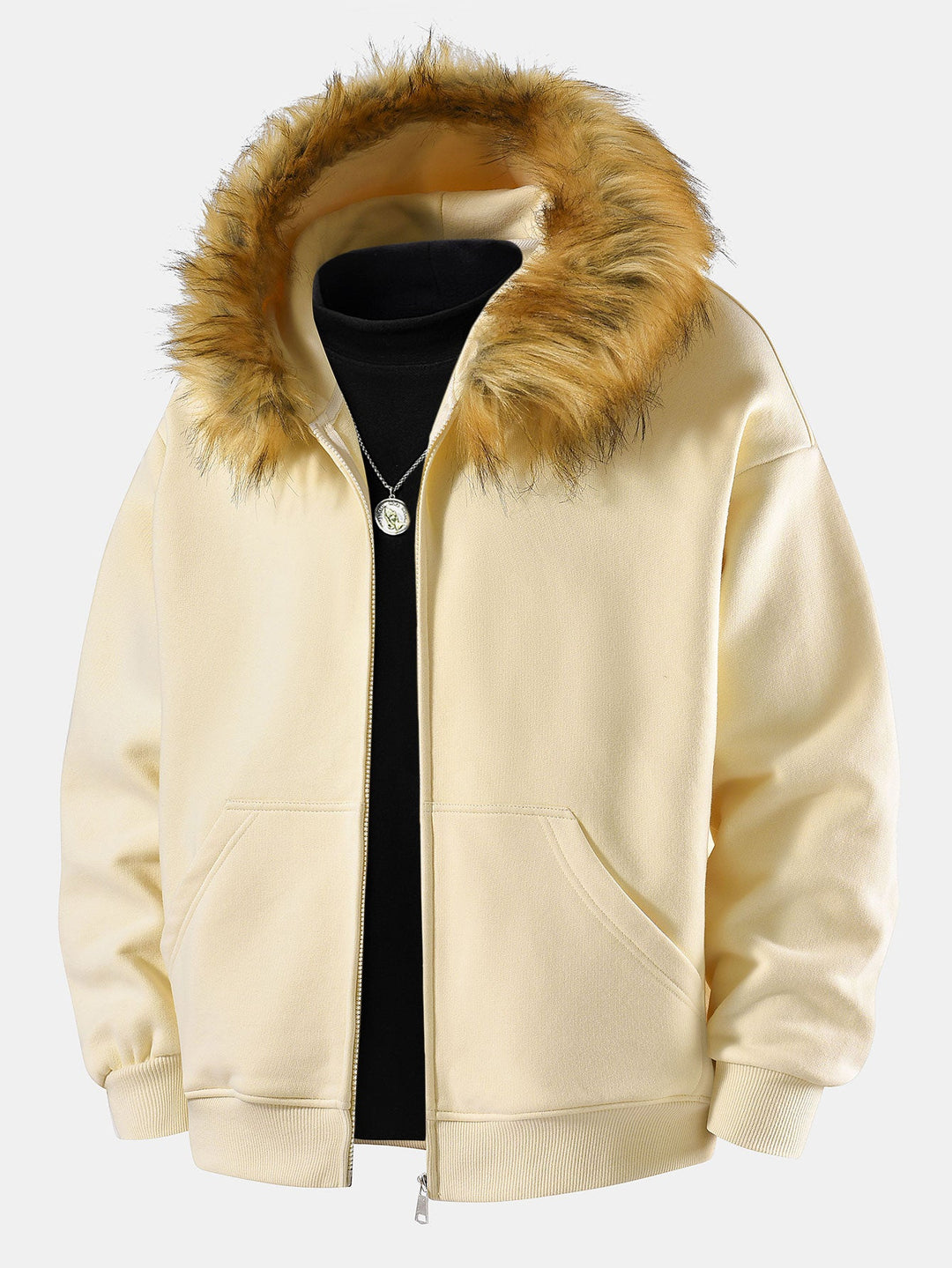 Relaxed faux fur collar zip-up hoodie