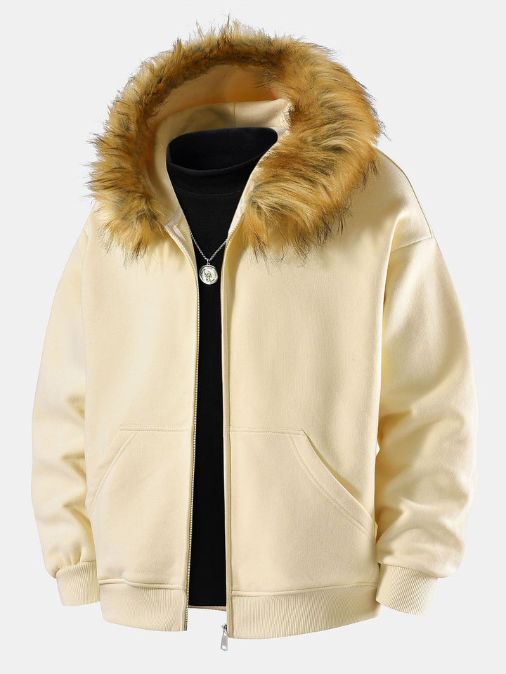 Relaxed faux fur collar zip-up hoodie