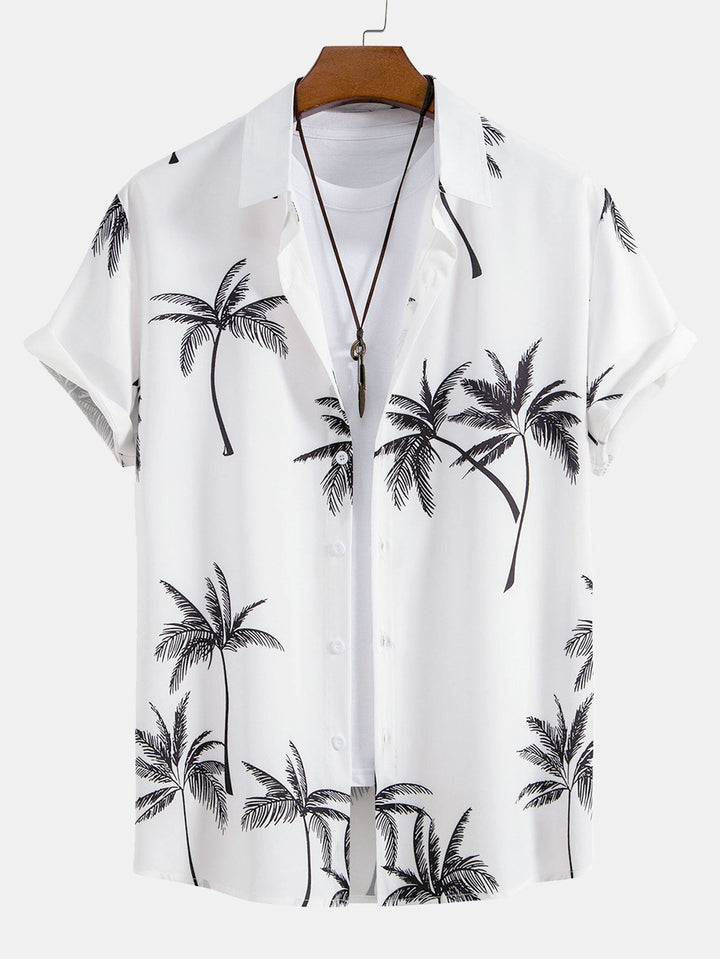 Palm Tree Print Button-Down Shirt & Striped Swim Shorts