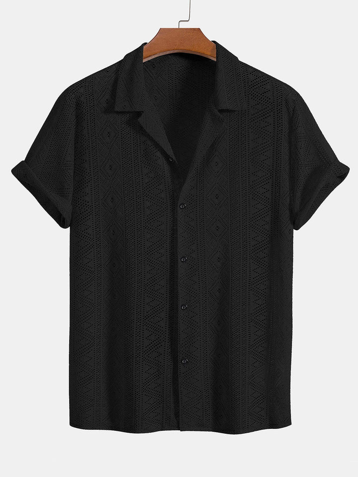 Korte Mouwen Geometrisch Textuur Cuban Shirt & Linnen Katoen Gemengde Cropped Broek