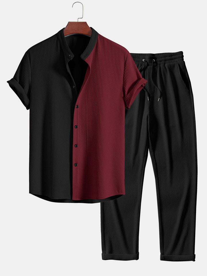 Twee Kleur Spier Fit Ribbel Stand Kraag Shirt & Rechte Pijp Ribbel Broek