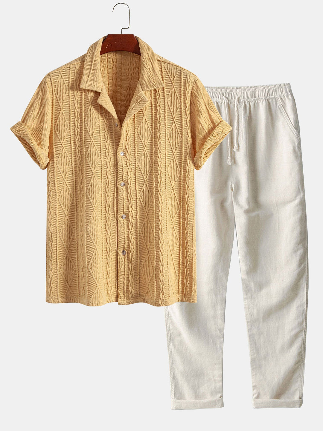 Gebreide Geometrische Textuur Cubaanse Shirt & Rechte Linnen Broek