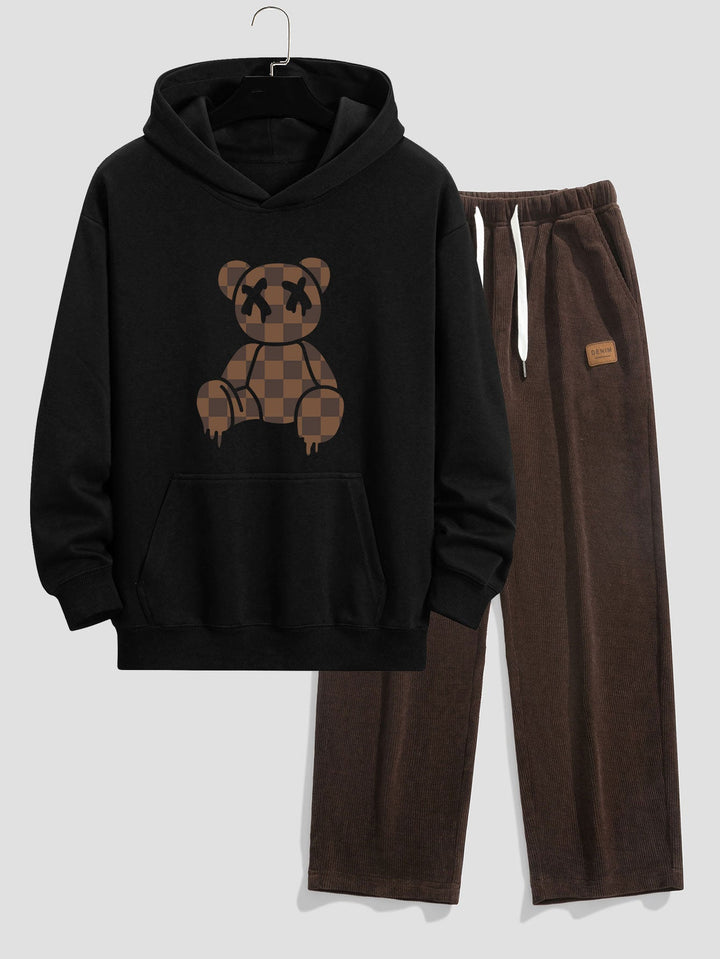 Geruite Oplosbare Beerprint Relax Fit Hoodie & Rechte Pijpen Corduroy Broek