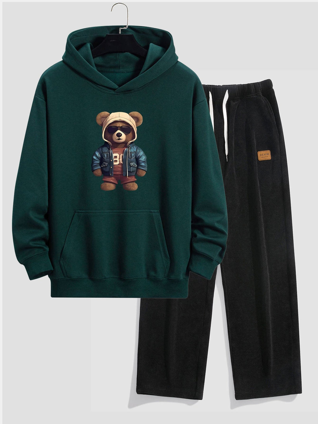 Bear In Leather Jacket Print Relax Fit Hoodie & Straight Leg Corduroy Pants