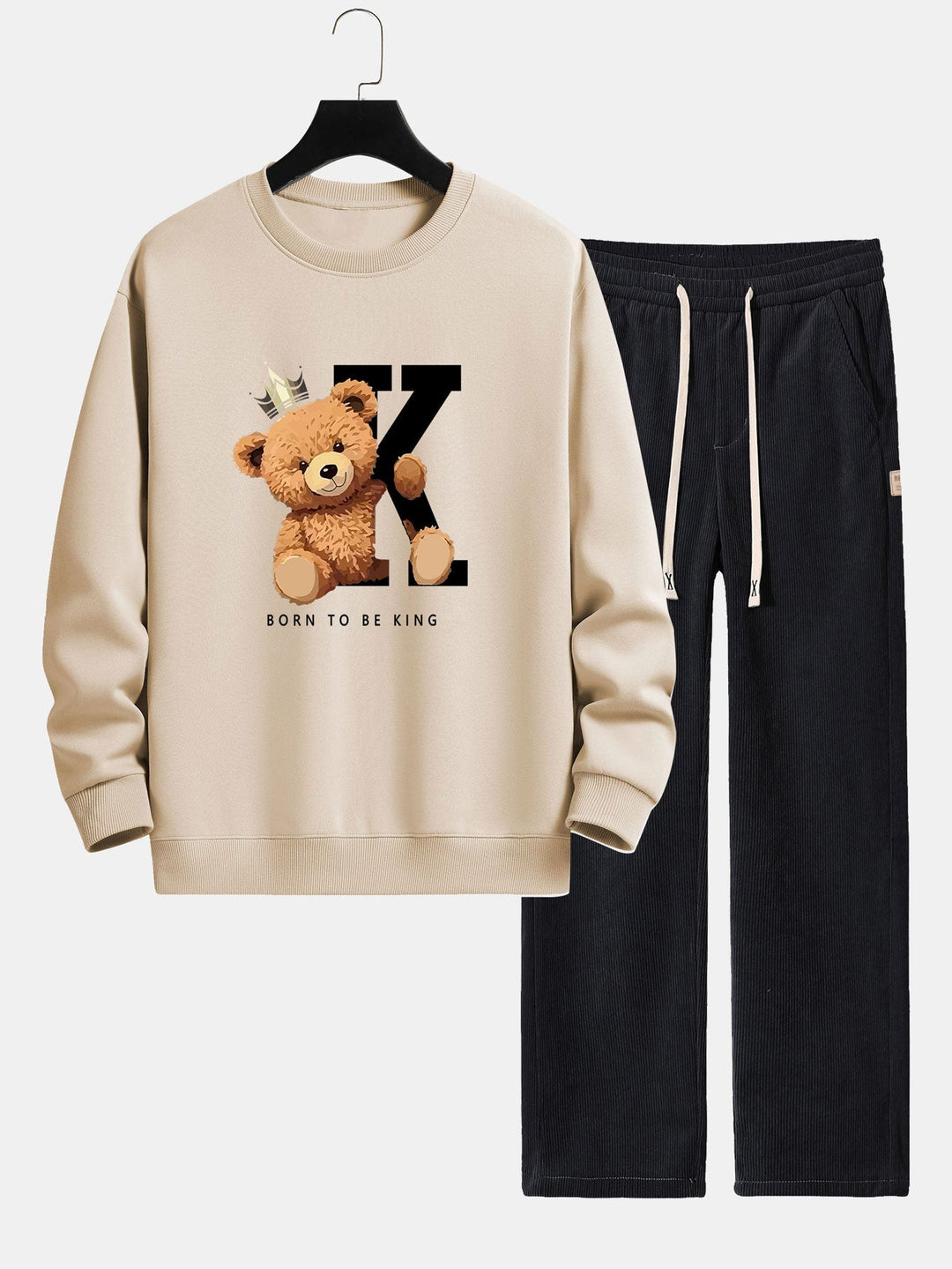 Crown King Bear Print Relax Fit Sweatshirt & Rechte Pijpen Corduroy Broek