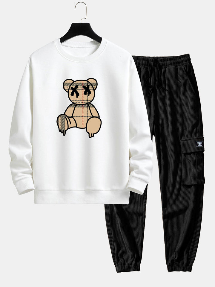Geruite patroon oplosbare beerprint relax fit sweatshirt & trekkoord corduroy cargo jogger broek