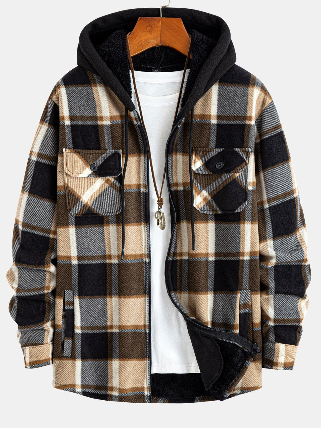 Flannel fleece-lined zipper hooded shirt