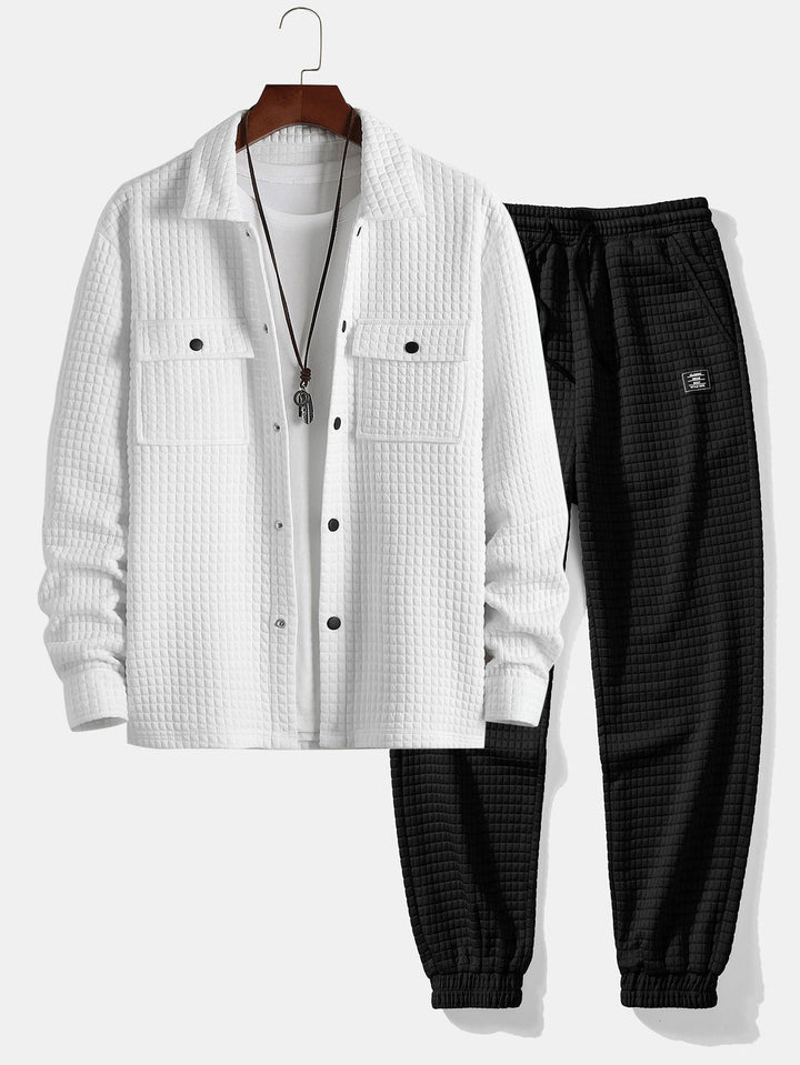 Gequilted Waffle Jacquard Overshirt & Trekkoord Waffle Joggingbroek