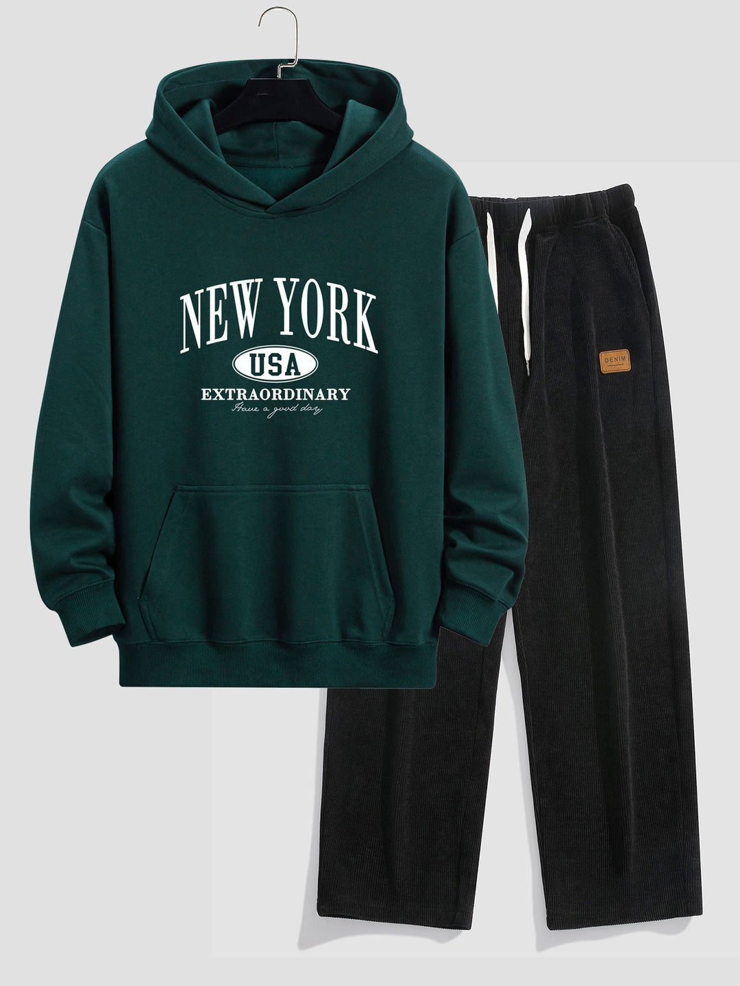 New York Print Relax Fit Hoodie & Rechte Pijpen Corduroy Broek