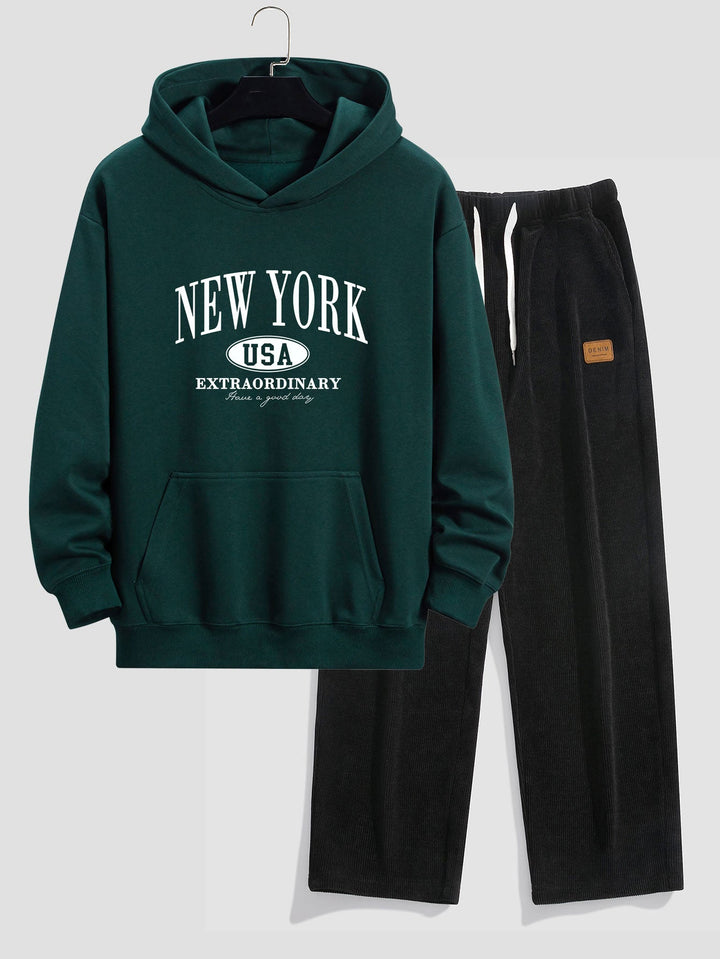 New York Print Relax Fit Hoodie & Rechte Pijpen Corduroy Broek