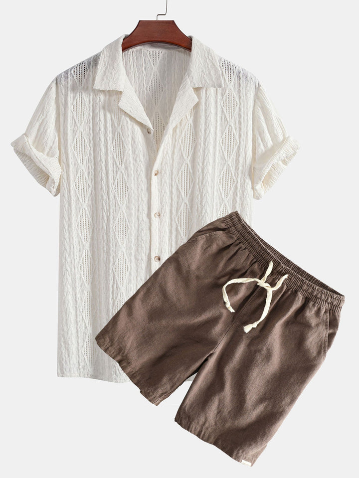 Geometrisch Jacquard Cubaanse Shirt & Linnen Katoen Mix Shorts