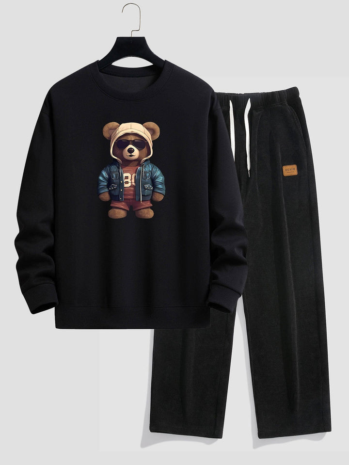 Berenprint in leren jas Relax Fit sweatshirt & rechte corduroy broek