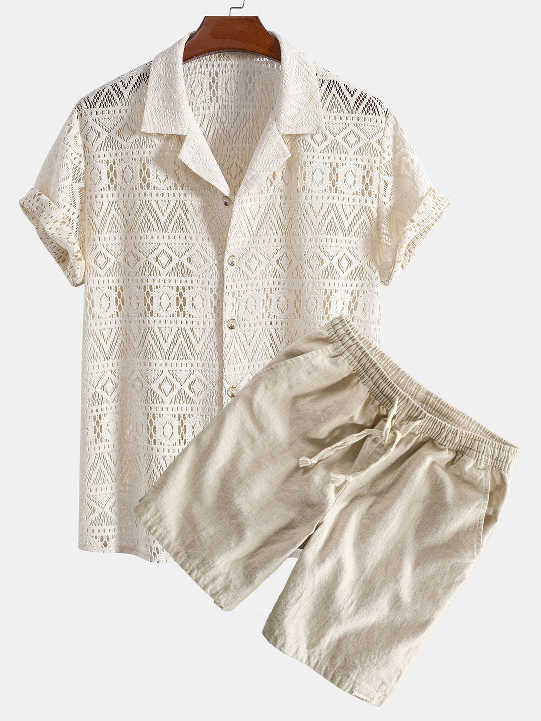 Korte Mouw Geometrisch Textuur Cuban Shirt & Linnen Katoen Mix Shorts