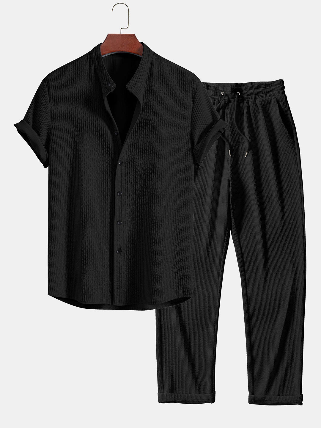Muscle Fit Geribbelde Staande Kraag Shirt & Rechte Geribbelde Broek