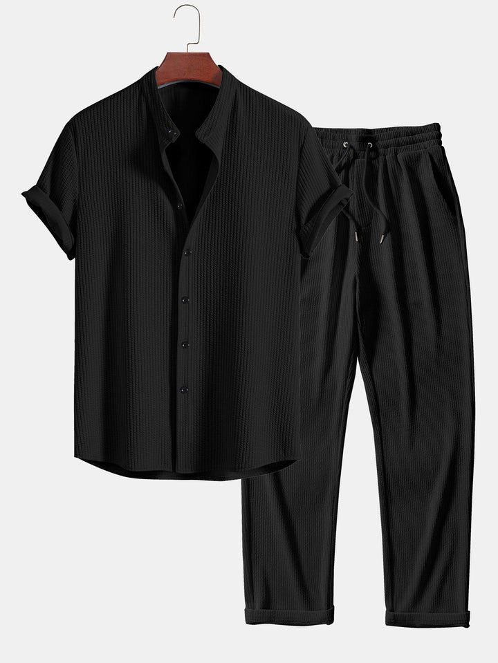 Muscle Fit Geribbelde Staande Kraag Shirt & Rechte Geribbelde Broek