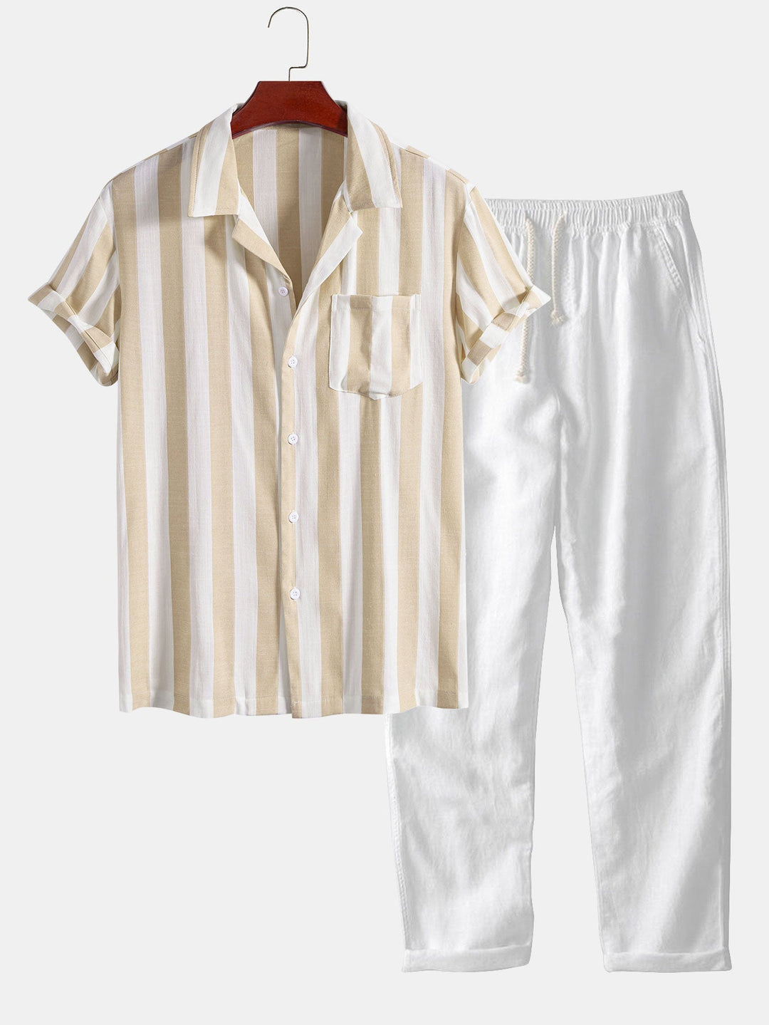 Gestreepte Cubaanse Kraag Shirt & Rechte Linnen Broek