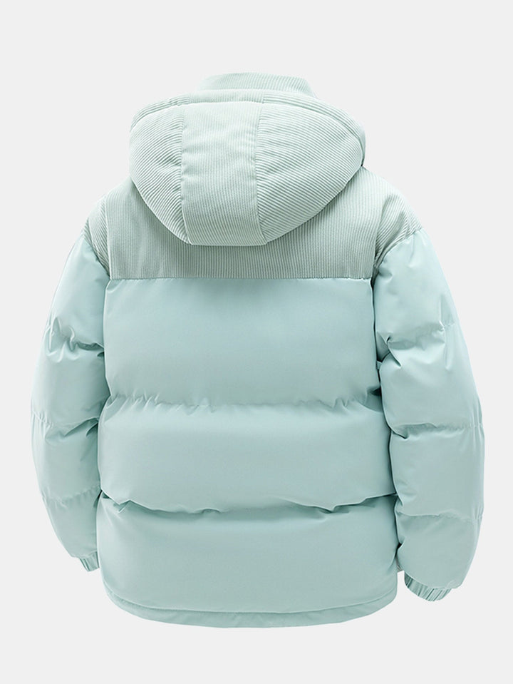 Corduroy patchwork quilted jacket with hood