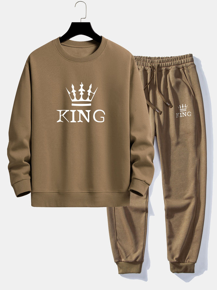 King Crown Print Relax Fit Crew Neck Sweatshirt & Joggingbroek