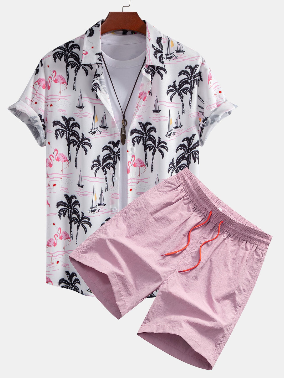Palm Tree Flamingo Print Knop-Up Shirt & Zwemshorts