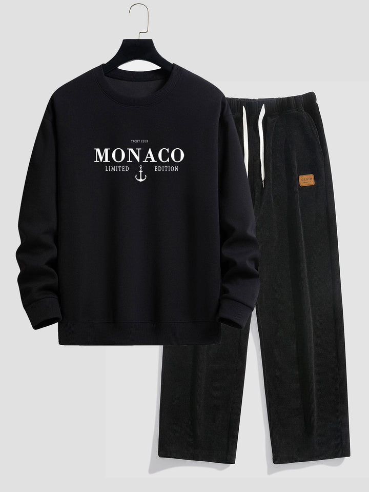 Monaco Slogan Print Relax Fit Sweatshirt & Rechte Pijpen Corduroy Broek