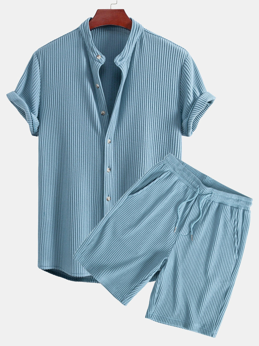 Wafel Stand Kraag Shirt & Trekkoord Wafel Shorts