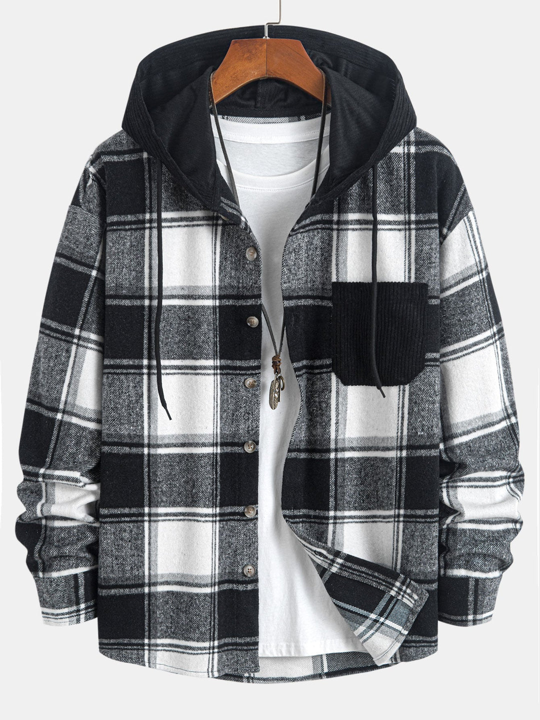 Relax Fit Contrast Corduroy Geruite Hoodie Shirt