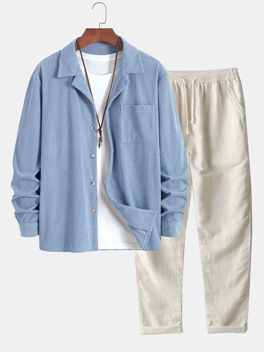 Lange Mouwen Corduroy Cubaanse Kraag Shirt & Rechte Pijpen Linnen Broek