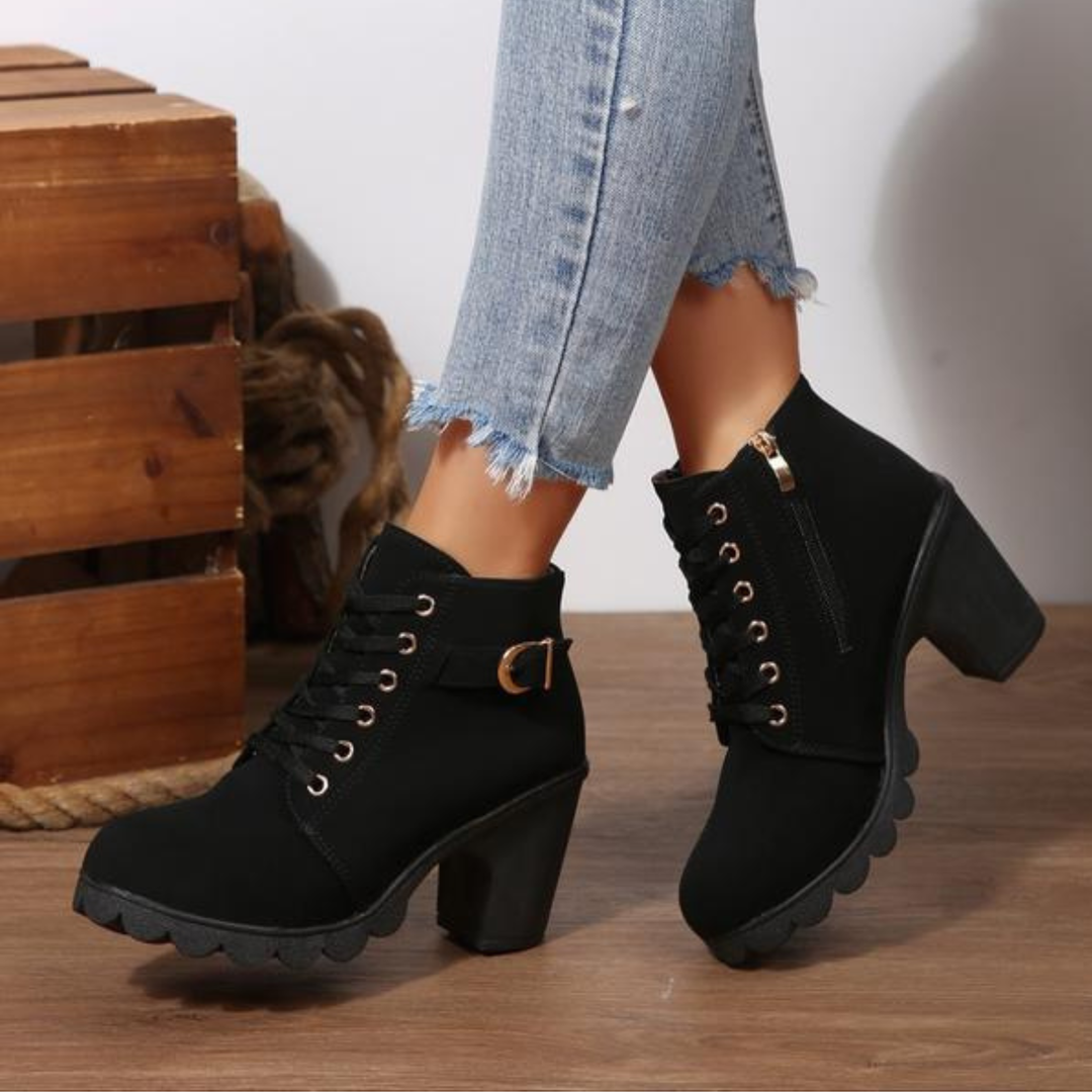 Katni I l Chic Lace-Up Metal Buckle Chunky Ankle Boots