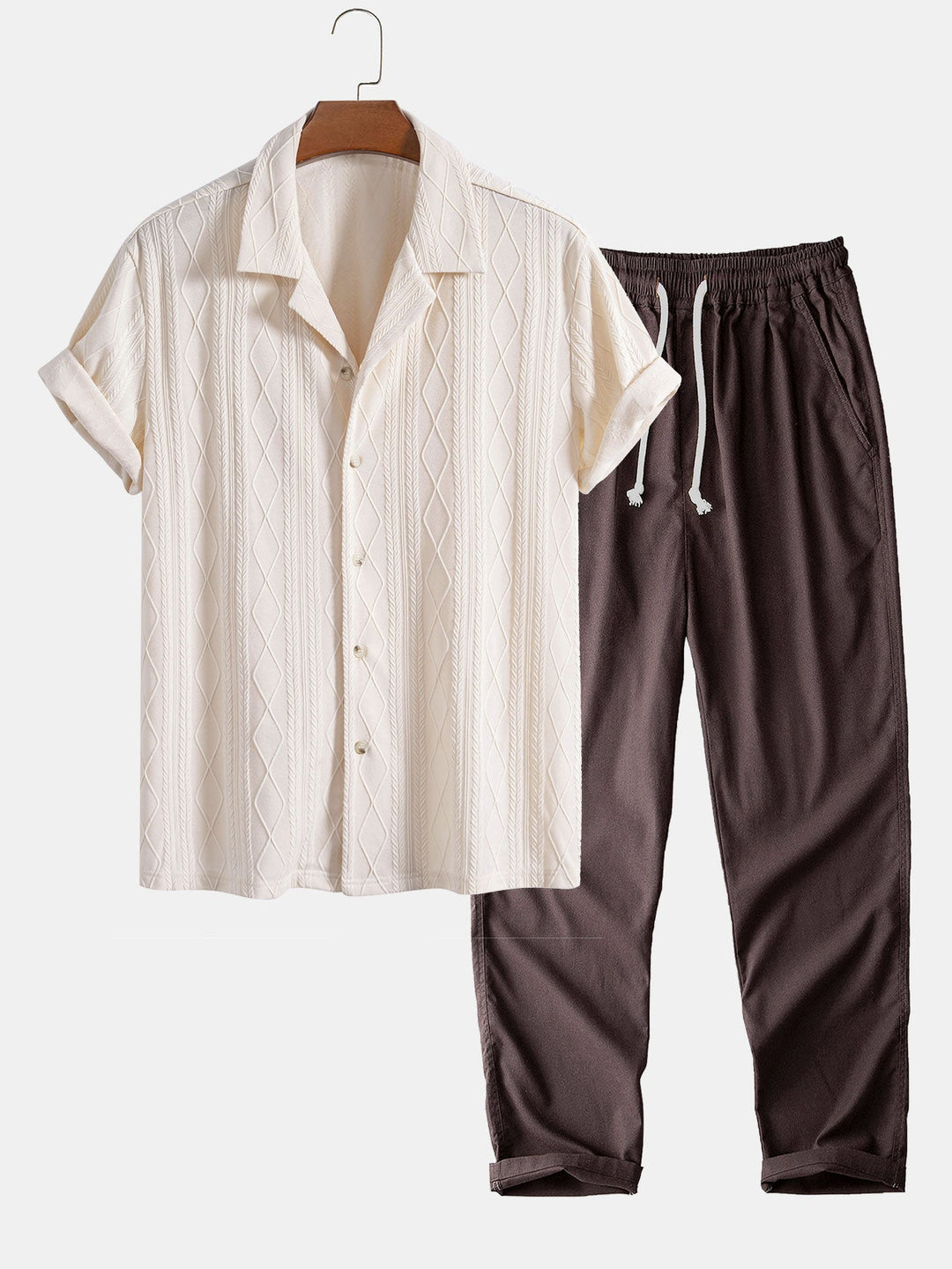 Gebreide Geometrische Ruit Jacquard Cubaanse Shirt & Rechte Linnen Broek