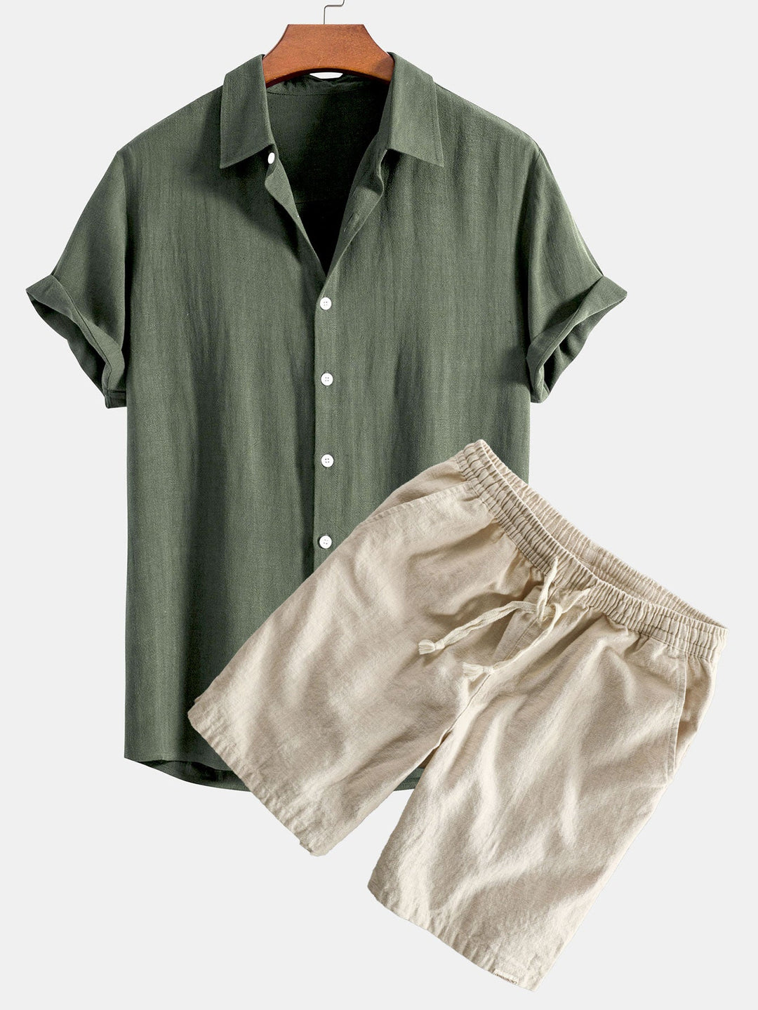 Linnen Rayon Mix Knopsluiting Shirt & Linnen Katoen Mix Touwsluiting Shorts