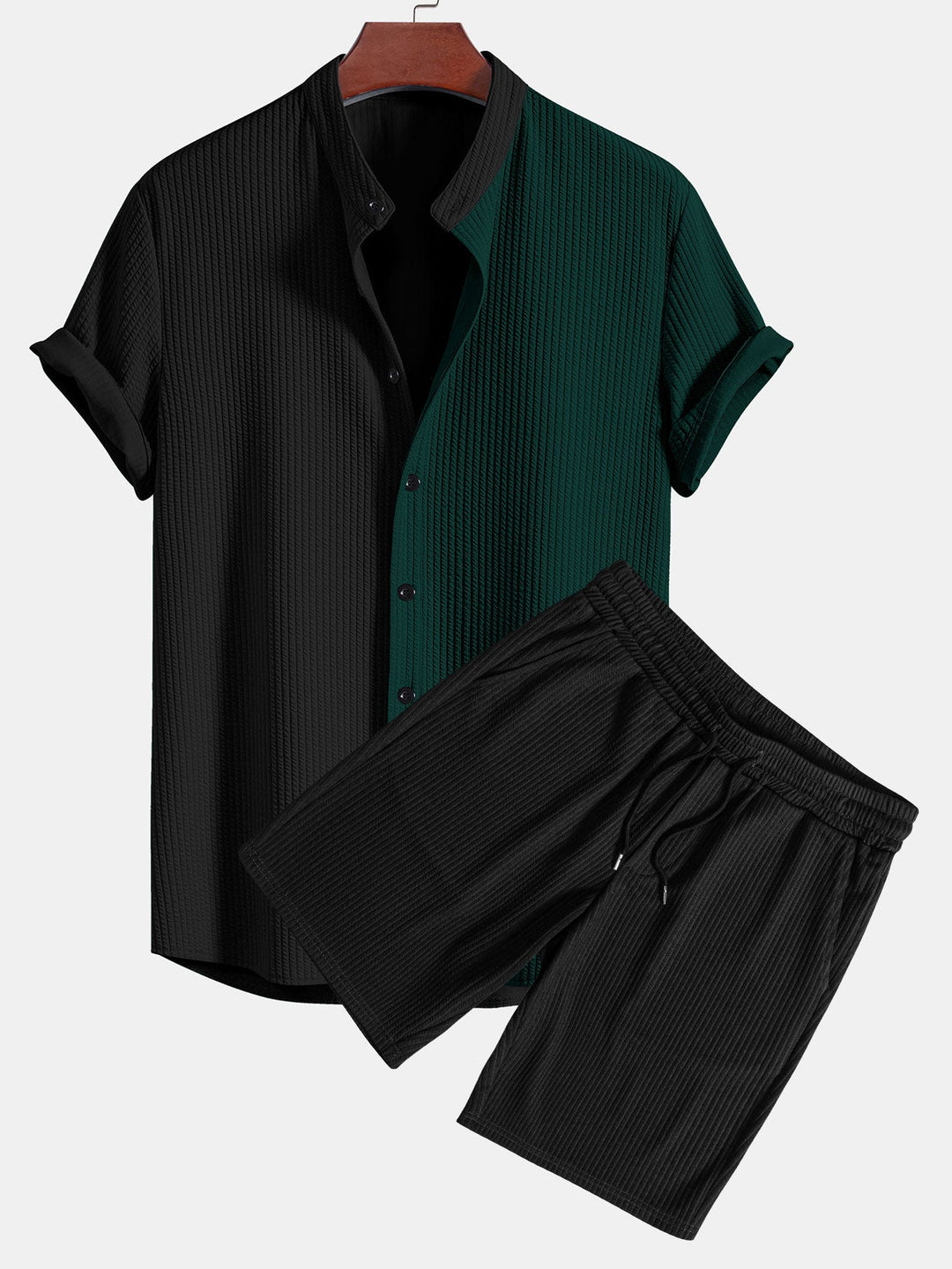 Twee Kleur Spier Fit Geribbelde Staande Kraag Shirt & Shorts